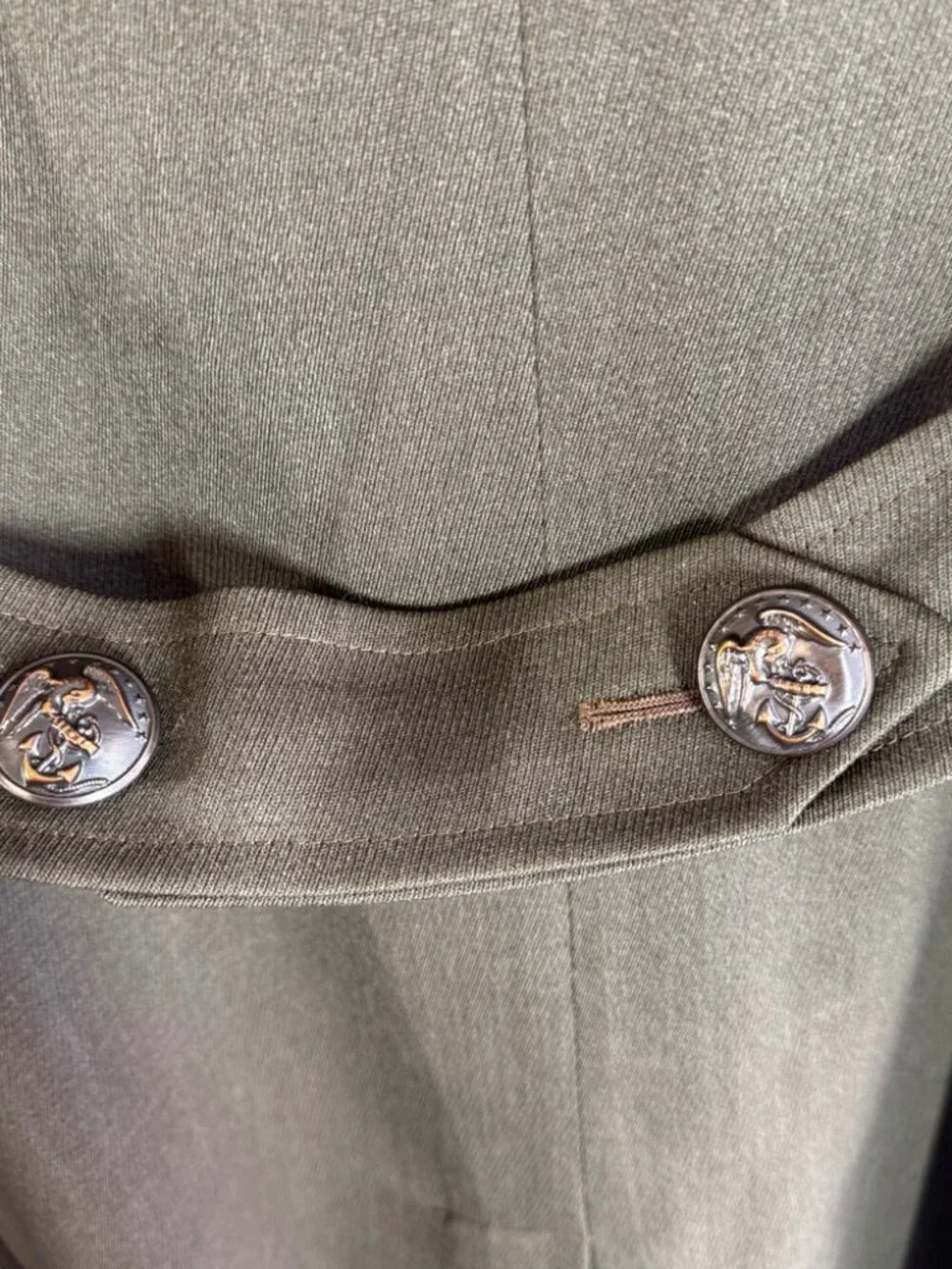 Vintage Mens 60s 70s Military Trench Olive Green Long Coat Double Breasted Wool